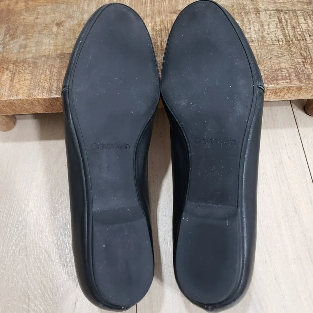 Calvin Klein Orabela Leather Flats Womens 10 Black Loafer Ballet Minimalist‎